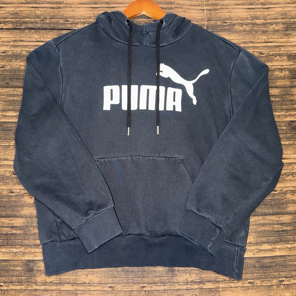 Puma Pullover Hoodie Men Small Black Graphic Logo Sweatshirt